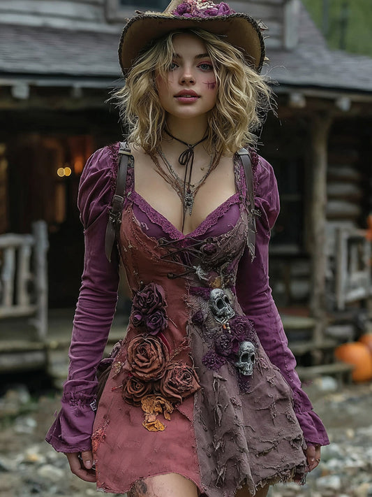 Halloween Rose Skull Witch Cosplay Midi Dress